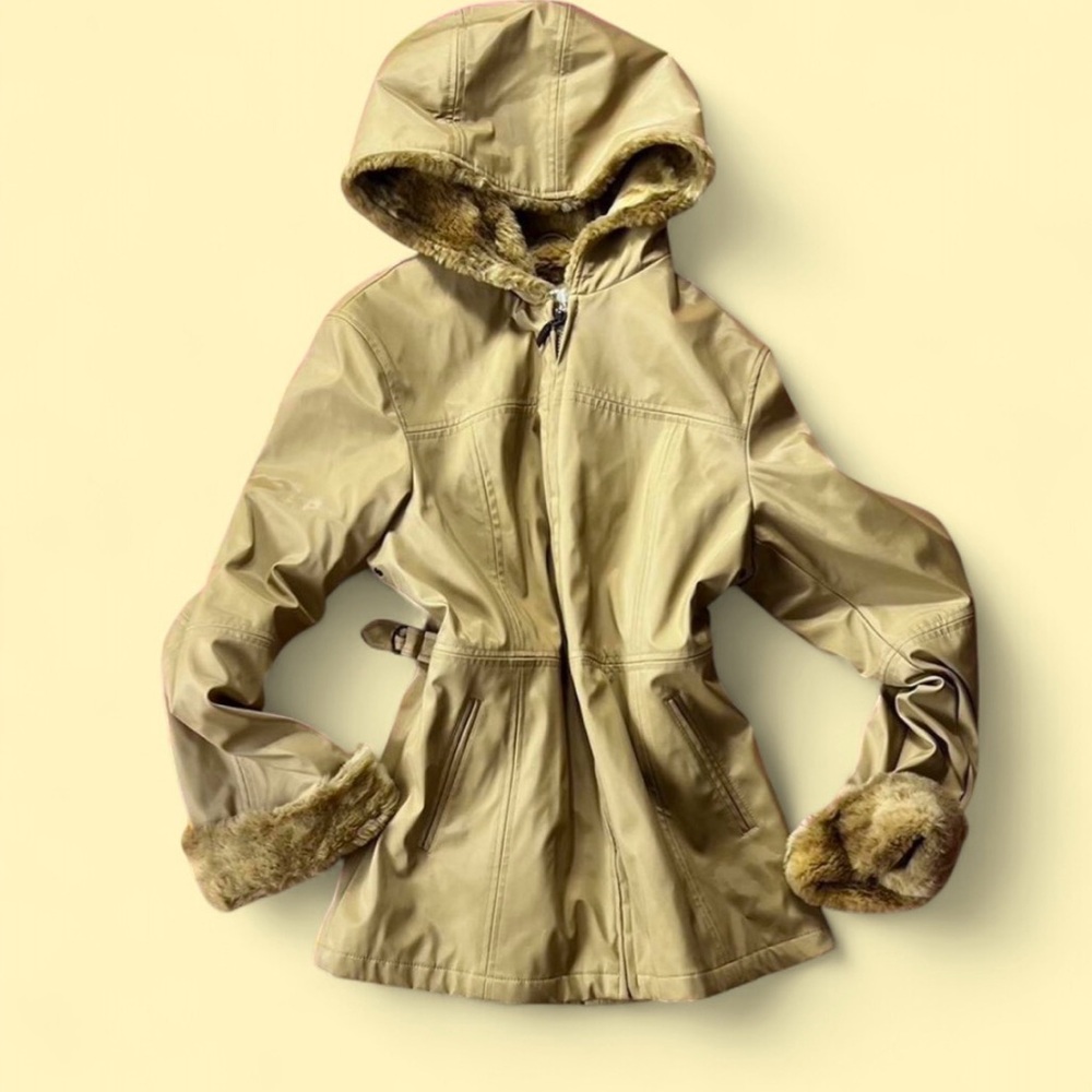 Women's Tan Hooded Jacket with Faux Fur Trim